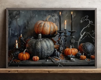 Vintage Halloween Canvas Print: Candle Light and Pumpkins, Witchy Wall Art