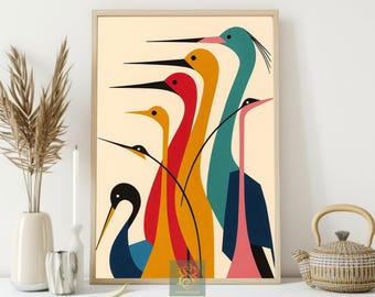 Colorful Crane Canvas Print, Modern Bird Art Poster, Abstract Wildlife Wall Art Decor