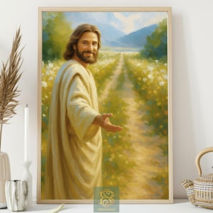 May include: A framed print of a painting showing a man with long brown hair and a beard, wearing a cream-coloured robe. He extends his hand towards a path lined with flowers, with a mountain range in the background.