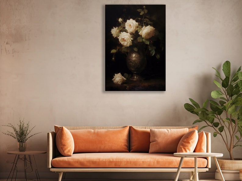 May include: A still life painting of white roses in a silver vase on a dark background.