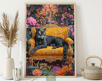 Regal Black Panther Canvas Print: Jungle Cat Floral Wall Art