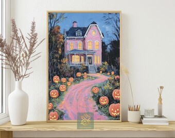 Haunted Pink House Canvas Print: Spooky Halloween Night Decor