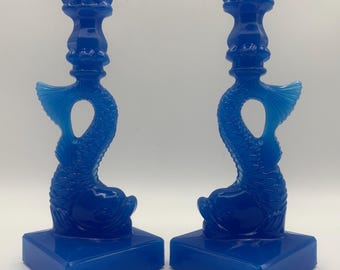 VTG Metropolitan Museum MMA Opaque Blue Glass Koi Fish Dolphin Candlesticks 70s