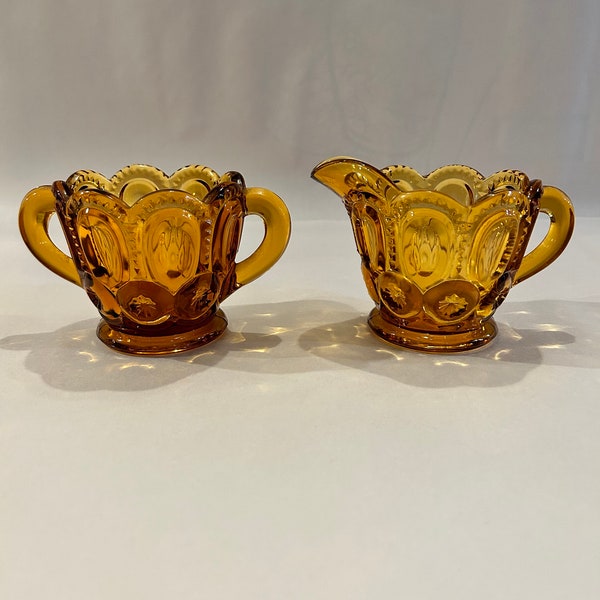 LE Smith Moon and Stars Amber Glass Cream and Sugar Set Vintage