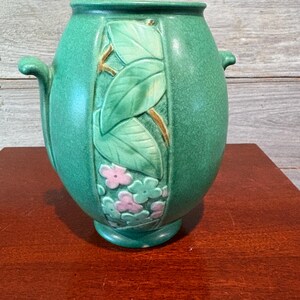 Weller Vintage Pottery Velva Matte Green Floral Vase 6 inches 1930s Arts Crafts