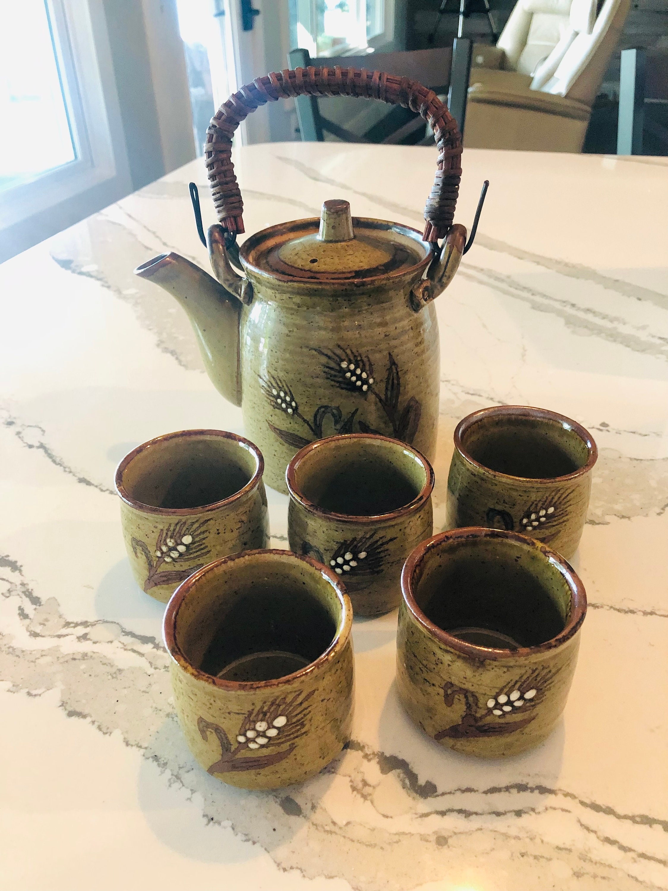 Vintage Otagiri Stoneware Teapot Rattan Handle Cups 5 Wheat Japan Etsy