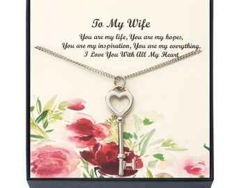 High Polished Stainless Steel To My Wife Key to My Heart Pendant Necklace for Women, Inspirational for Her, 18"