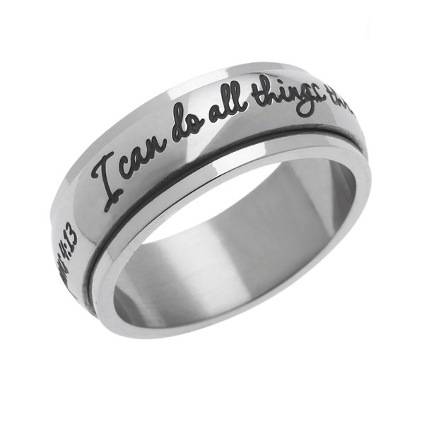 8mm Women's Spinner Ring -  I Can Do All Things Through Christ. Christian Religious Inspirational Ring Anxiety & Stress Relief