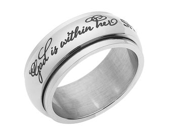 8mm Women's Spinner Ring - God Is Within Her She Will Not Fail.. Christian Religious Inspirational Ring Anxiety & Stress Relief