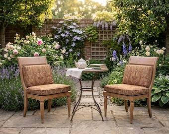 Vintage Wood Patio Dining Chairs Pair, Mid Century Teak Outdoor Accent Chairs with Paisley Cushions, French Country Garden Bistro Seating