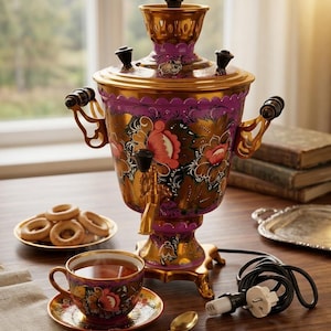 Vintage Russian Electric Samovar Purple Khokhloma Tea Urn Folk Art Decor