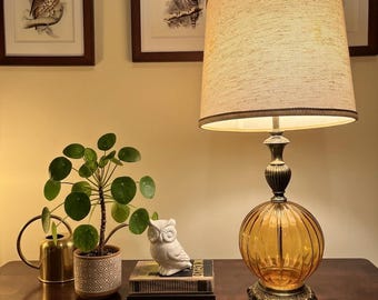 The Gilded Mid-Century Ribbed Amber Glass Vintage Table Lamp