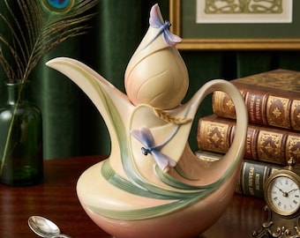 Franz Porcelain Sahara Dragonfly Coffee Pot Ewer FZ00882 | Sculpted 3D Dragonfly Teapot Pitcher with Lid by Jen Woo