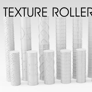 May include: A collection of white cylindrical texture rollers arranged in two rows, featuring various embossed patterns on their surfaces. The text "TEXTURE ROLLERS - SET 5" is printed in black at the top of the image, identifying the product set.