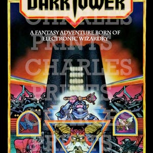 May include: Dark Tower game box art. The image features the game's title in bold letters, a fantasy scene with a tower, and characters. The text reads "A Fantasy Adventure Born of Electronic Wizardry". The game is for ages 10-Adult and 1-4 players.