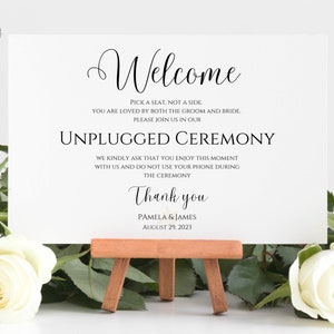 Minimalist Leaf Unplugged Ceremony Welcome Sign Template | Pick a Seat Not a Side Sign Editable