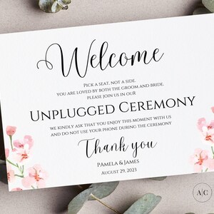 Blumen Aquarell Unplugged Zeremonie Willkommensschild Vorlage | Wählen Sie einen Sitz Nicht ein Seitenschild Bearbeitbar