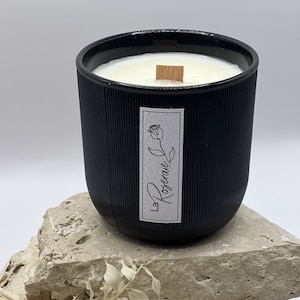 Vanilla Patchouli Sandalwood Soy Candle, Black Ridged Vessel, Wood Wick