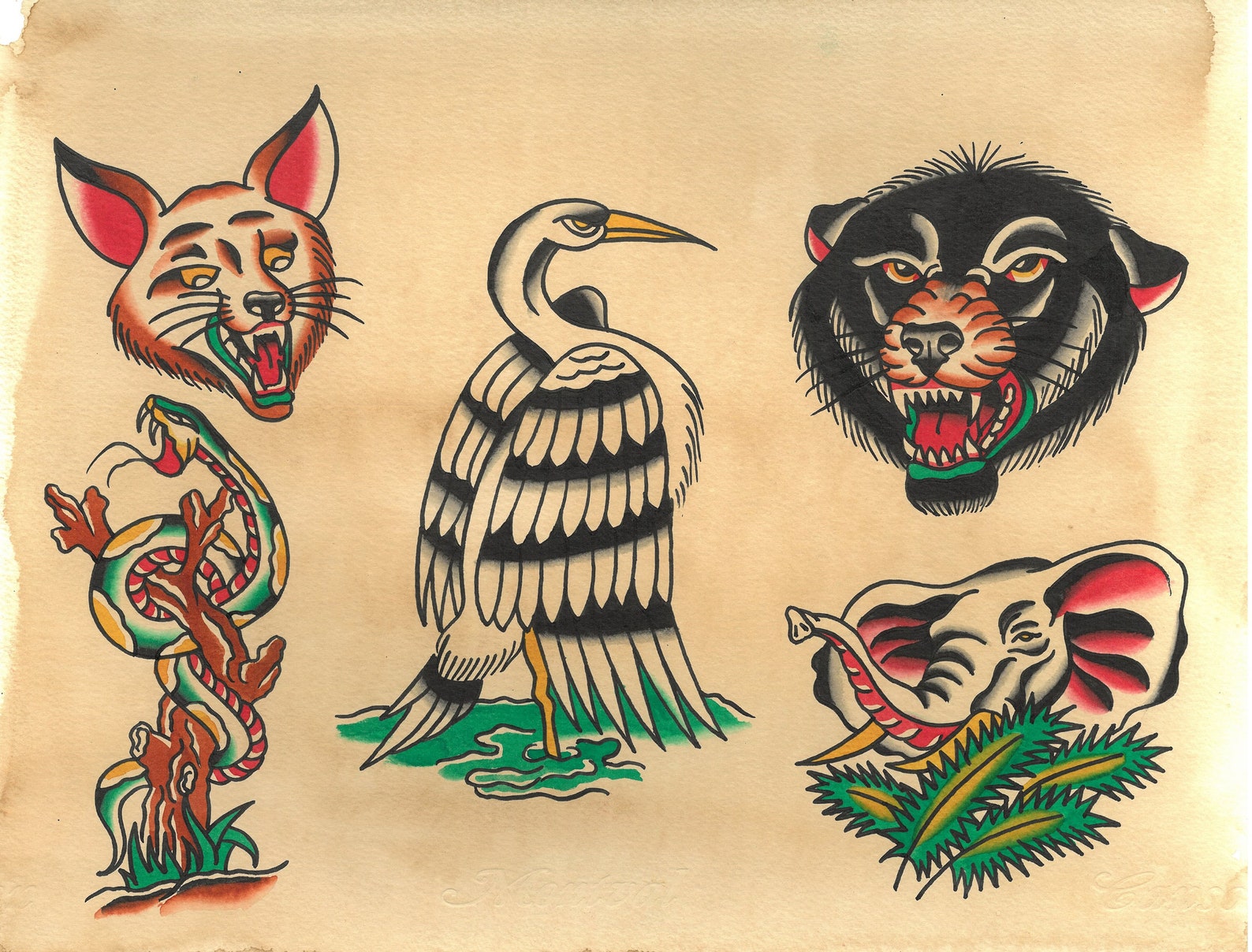 Traditional Tattoo Flash Wolf Elephant Snake Old School - Etsy