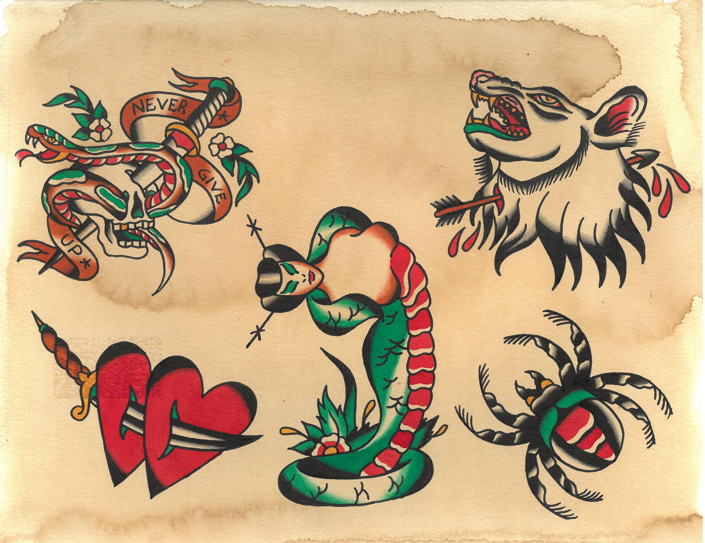 Traditional Tattoo Flash Snake Heart Wolf Spider Old School - Etsy