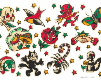 Traditionelle Tattoo Flash Rose Teufel Skorpion Old School