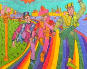 Kicks in Kazan, kunst mannelijk dans trio homo kunst romantisch queer liefde LGBTQ kunst kleurrijk gelukkig homo Russisch dansen homo dans kunst kunst broer homo
