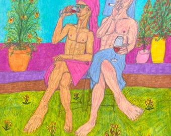 Spa Gay, kunst homo mannelijk paar naakt kunst romantisch queer liefde LGBTQ kunst homo naakte mannen homo gelukkig homo paar drankje kunst erotische homo kunst rokende mannen
