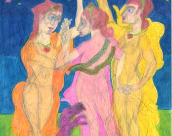Three Graces Plus One, kunst vrouwen dans trio nachtelijke hemel kunst romantisch queer liefde LGBTQ-kunst kleurrijk blij homo dansend hond erotische kunst zusters