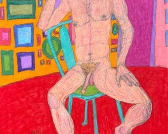 De prins, kunst homo mannelijk naakt kunst romantisch queer liefde LGBTQ kunst kleurrijk gelukkig homo man zittend stoel kunst erotische homo kunst homo man naakte kunst