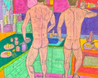 Eggs Over Easy, kunst homo mannelijk naakt paar keuken kunst romantisch queer liefde LGBTQ kunst kleurrijk gelukkig homoseksueel paar erotisch koken homo kunst naakt mannen