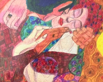 Stef's Kiss, kunst homo paar kus knuffel paar in bed kunst romantisch queer liefde LGBTQ kunst kus kleurrijk gelukkig homo paar kus erotische homo kunst