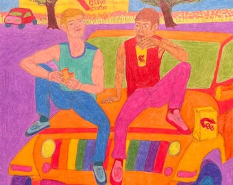 Drive Thru, kunst homo mannelijk date paar auto kunst romantisch queer liefde LGBTQ kunst kleurrijk gelukkig homoseksueel paar fastfood erotisch homoseksueel kunst etende mannen homo