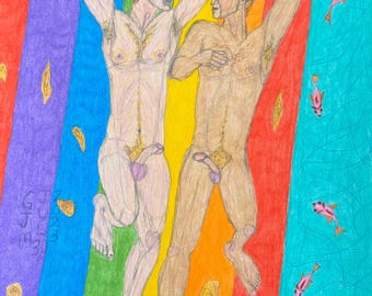 Hitting the Deck, kunst homo mannelijk naakt paar zwemmen kunst romantisch queer liefde LGBTQ kunst kleurrijk gelukkig homo paar erotisch homo naakt kunst naakte mannen