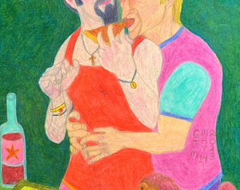 Deep Dish, kunst homo man paar eten kunst romantisch homo liefde LGBTQ kunst hond homo pizza gelukkig homo paar erotische homo kunst mannen homo hond kunst pizza homo