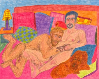 Zondag in Bed, kunst homo mannelijk naakt paar bed kunst romantisch queer liefde LGBTQ kunst knuffelen gelukkig homo paar erotische homo kunst naakte mannen seks bed homo