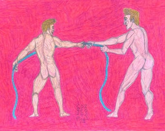 Getrokken, kunst homo man naakt spelen paar sport kunst romantisch homo liefde LGBTQ kunst blij homo erotische homo kunst homo mannen naakt kunst naakt mannen spelen