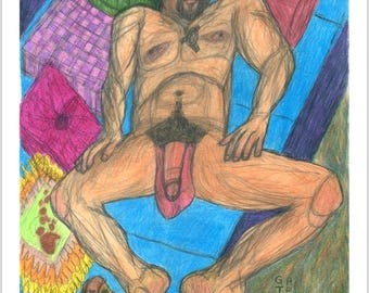 Yulie, kunst homo mannelijk naakt slapende kunst romantisch queer liefde LGBTQ-kunst mannen gay pride-hond kunst erotische homokunst homoseksuele man naakt in slaap op de bank hond