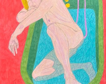Inweken, kunst homo mannelijk naakt bad kunst romantisch homoseksueel liefde LGBTQ kunst gelukkig homo kunst naakte man baden erotische homo kunst homo man naakt kunst kleurrijk