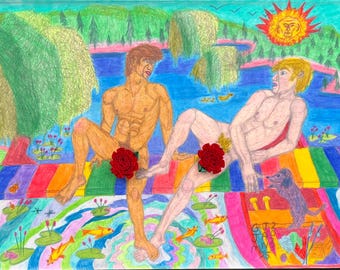 Footsie en Koi, kunst homo mannelijk naakt paar zwemmen kunst romantisch homo liefde LGBTQ kunst kleurrijk gelukkig homo paar erotische homo hond naakt kunst naakte mannen