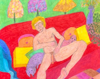 Bont baby's, kunst homo mannelijk naakt kunst romantisch queer liefde LGBTQ kunst gelukkig homo kunst naakte man slapen erotische homo kunst homo man naakt kunst hond kat