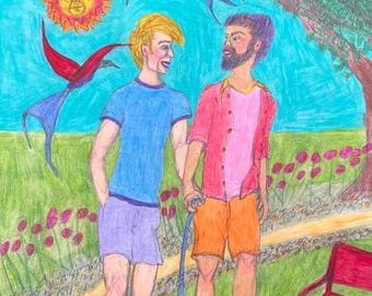 Wandelen, kunst homo man paar date kunst romantisch homo liefde LGBTQ kunst wandelen hond mannen gelukkig homo paar dating kunst erotische homo kunst homo mannen kunst