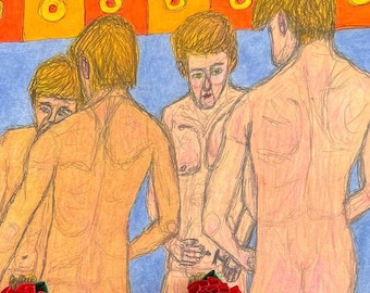 Opruimen, kunst homo mannelijk naakt paar badkamer kunst romantisch queer liefde LGBTQ kunst kleurrijk gelukkig homo paar scheren erotische homo kunst naakte mannen