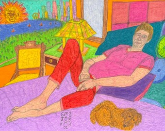 Sahar, kunst homo man slaapkamer kunst romantisch homo liefde LGBTQ kunst man blij homo erotisch homo kunst homo hond hond homo kunst slaapkamer stadsgezicht kunst hond homo