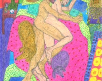 Middag lepel, kunst homo mannelijk naakt paar bed kunst romantisch queer liefde LGBTQ kunst knuffelen gelukkig homo paar erotische homo kunst naakte mannen seks bed homo
