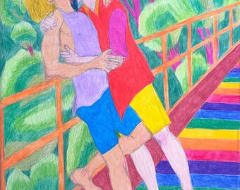 Ter plaatse raken, kunst homo man knuffel paar kus kunst romantisch queer liefde LGBTQ kunst kus gelukkig homo paar kus erotische homo kunst homo trots mannen