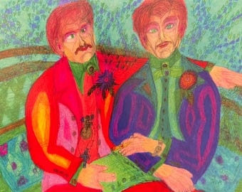 Philadelphia, kunst homo man datum paar broers kunst romantisch homo liefde LGBTQ kunst kleurrijk gelukkig homo paar bankje in het park erotische homo kunst mannen
