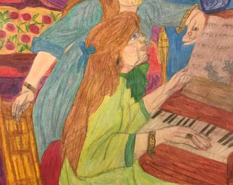 Duet, kunst vrouwen piano Renoir-kunst romantisch queer liefde LGBTQ-kunst kleurrijk gelukkig homoseksueel kunst zusters piano spelen kunst vrouwen meisjes kunstzusters