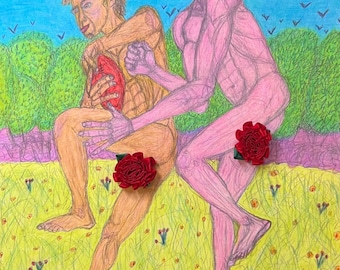 Nailing the Receiver, kunst homo man naakt voetbal paar sport kunst romantisch queer liefde LGBTQ kunst blij homo erotische homo kunst homo mannen naakt kunst