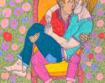 Morning Glories, kunst homo man knuffel paar zwemmen kunst romantisch homo liefde LGBTQ kunst bloemen kus gelukkig homo paar kus erotische homo kunst homo mannen