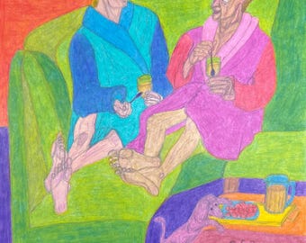 Cacao, kunst homo man date paar badjas kunst romantisch queer liefde LGBTQ kunst kleurrijk gelukkig homo paar hond schattig erotisch homo kunst eten mannen homo